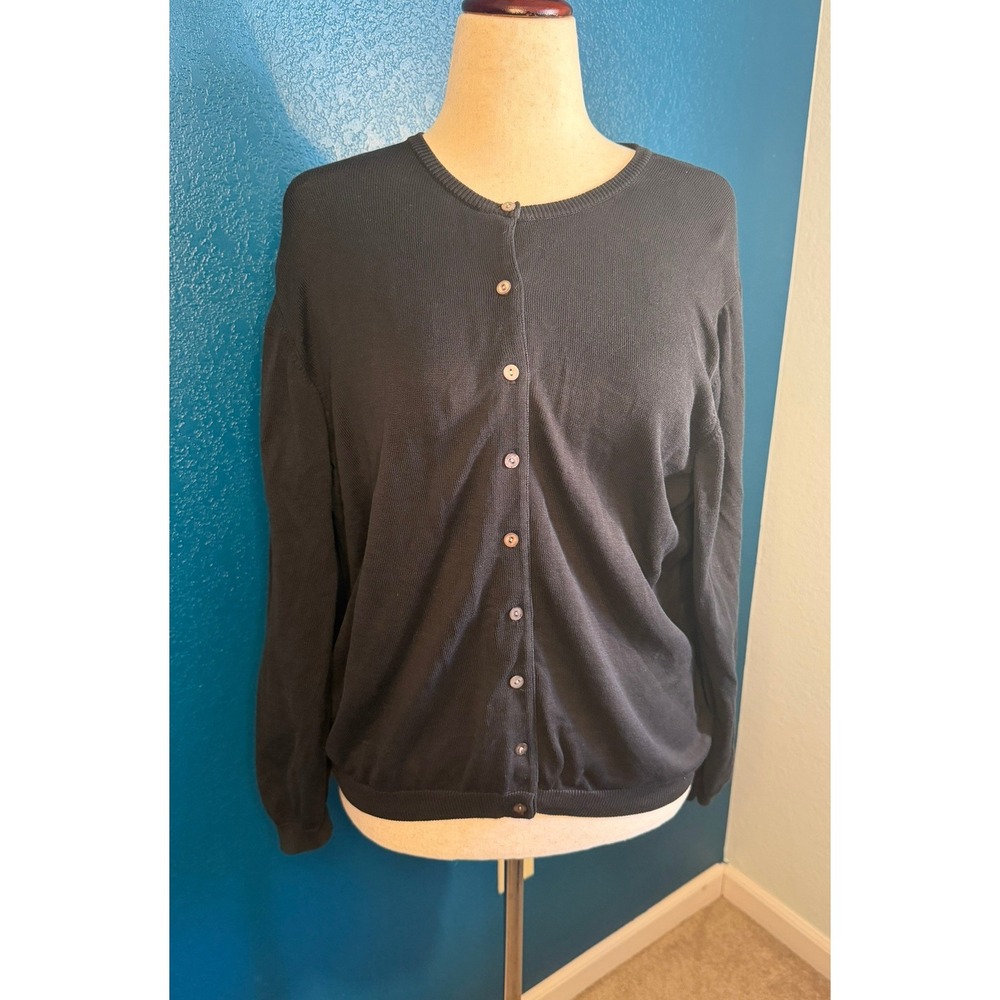 Lands' End Women's Black 100% Cotton Cardigan Size L Button Front Classic